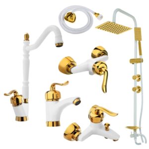 ست شیرآلات قاجاری سفید طلایی مجموعه 6عددی به همراه علم دوش دوکاره