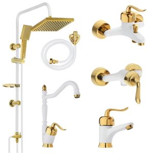 ست شیرآلات تیدومکث مدل هلنا سفید طلایی کد 800 مجموعه ۶عددی